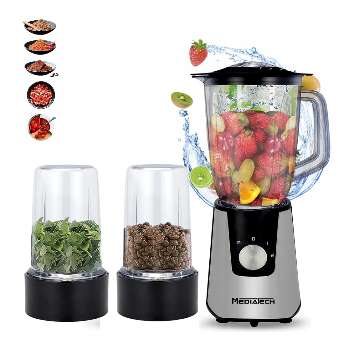 MediaTech 3X1 Smoothie Blender maker, 600W, 1.5L, Stainless Steel blades,Grinder and Grater, 2 speed + Pluse Function, Ice Crush Function, MT-B18 - Silver(2 Years Warranty)