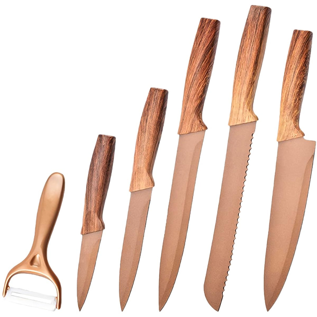 Knife Set 6 Pieces Kitchen Knives With Grater, Stainless Steel Blades, Nonstick Coating, Wood Grain Handle, Home And Professional Cooking Tools
