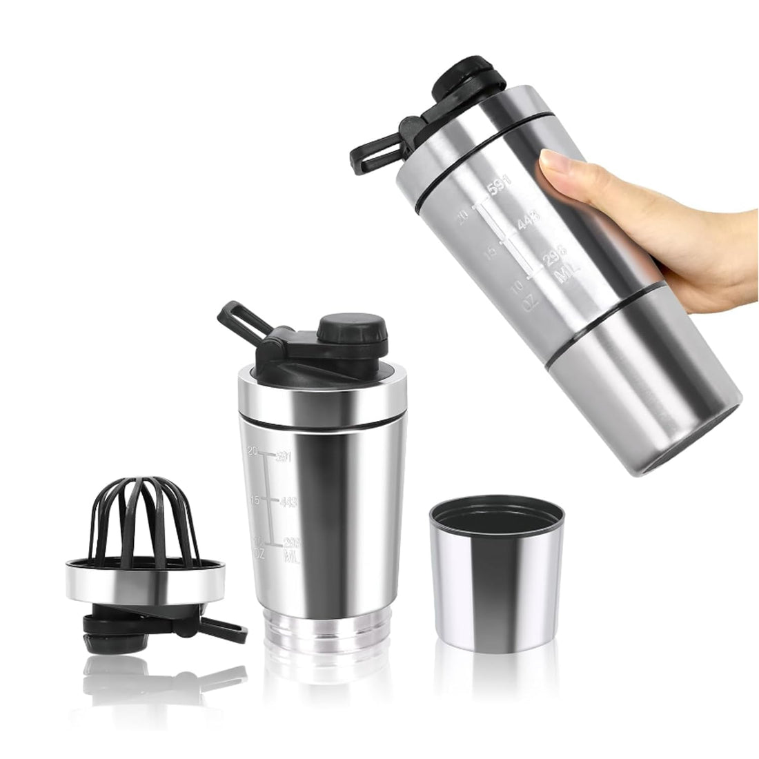 OSHIMA Protein Shaker Bottle Stainless Steel 700 + 200 ml Protein Shaker Cup with Powder Compartment for Sports Fitness Protein Shaker Protein Bottle (with Button Lid Stainless Steel)