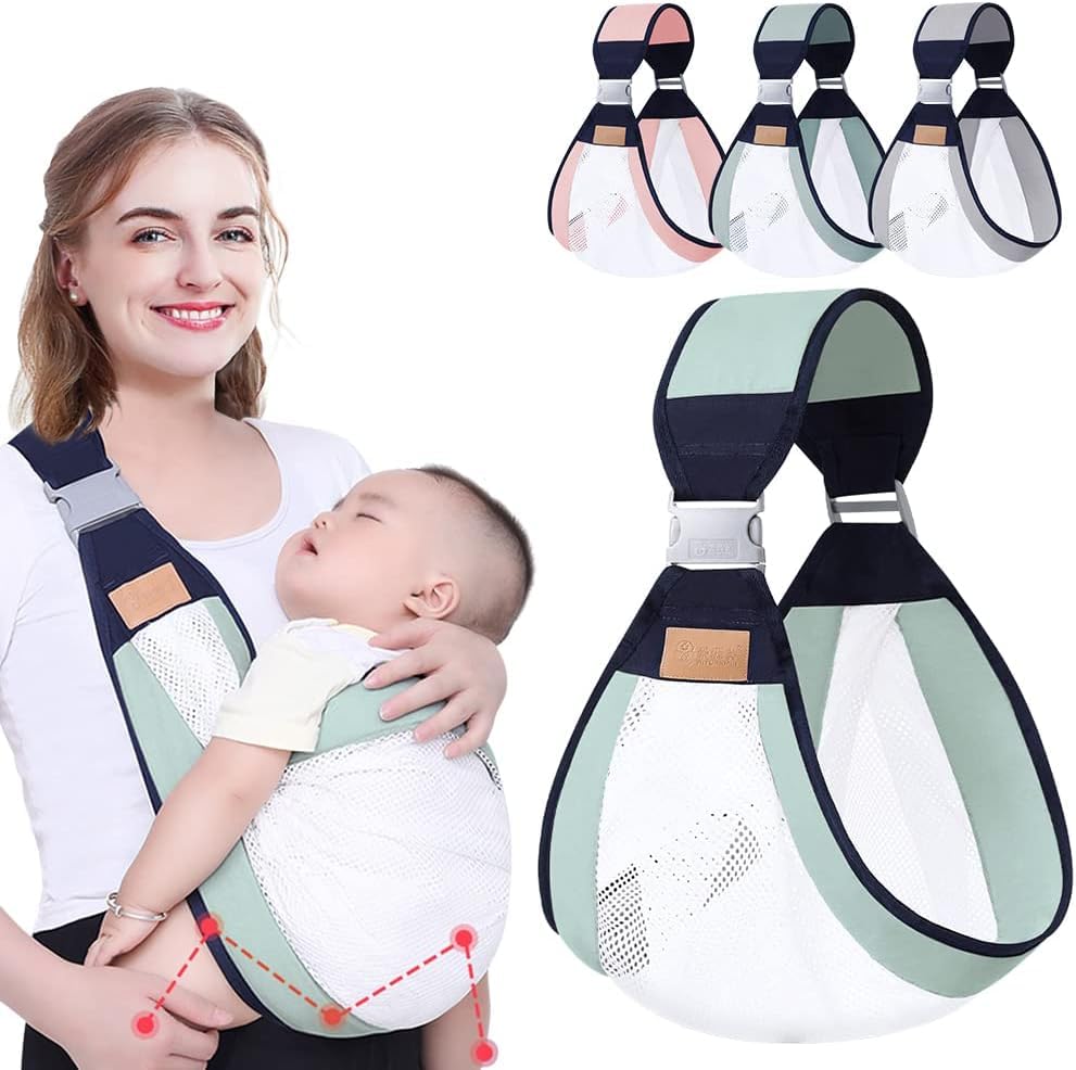 Comfortable One Shoulder Baby Sling Sling 3D Adjustable Baby Carrier Breathable Mesh Baby Sling with Thick Shoulder Strap, Lightweight and Breathable, for Infant and Newborn (Green)