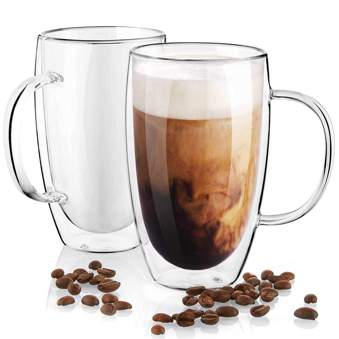 Double Wall Glass Coffee Mugs Set of 2, 16 oz Insulated Coffee Mug with Handle, Clear Borosilicate Glass Coffee Cups for Cappuccino, Tea, Lightweight