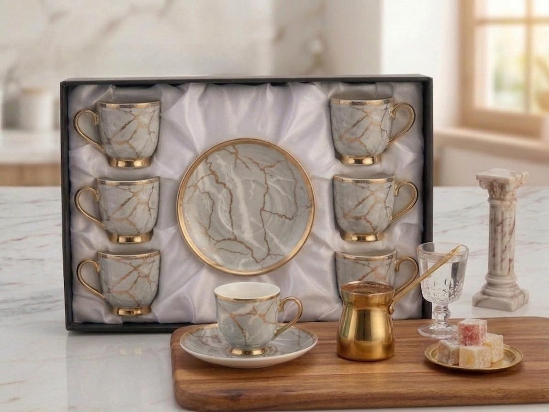 Premium 12-Piece Fine Porcelain Coffee Cup & Saucer Set - Stylish Marble Design with Gold Trim - Luxury Gift Set for Housewarming, Weddings, and Coffee Lovers (6 Cups and 6 Saucers)