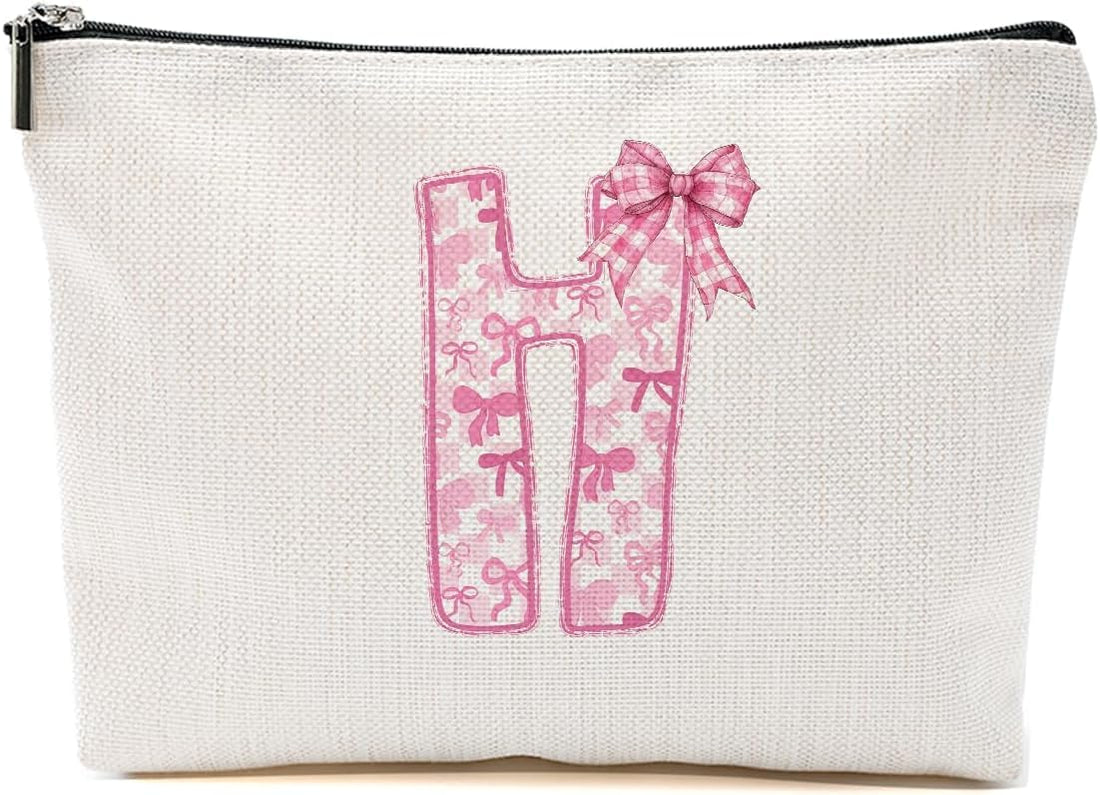 Personalized Initial Letter Makeup Bag, Rose Initial Cosmetic Bag with Zipper Birthday Gifts for Women Girls, Pink bow (H)