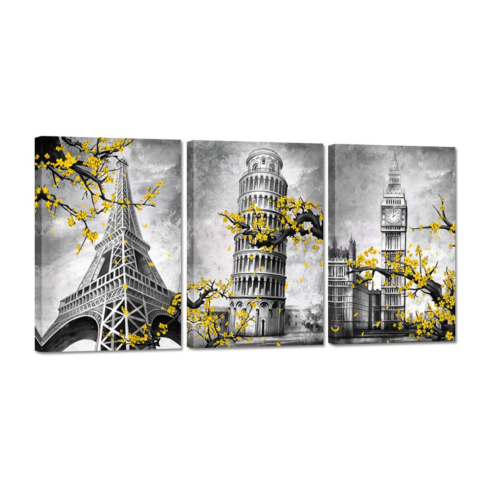 iHAPPYWALL 3 Pieces Famous Architecture Canvas Wall Art Eiffel Tower Leaning Tower of Pisa Big Ben Plum Flower Yellow and Grey Building Artwork for Modern Home Decor Ready to Hang 16x24inchx3pcs
