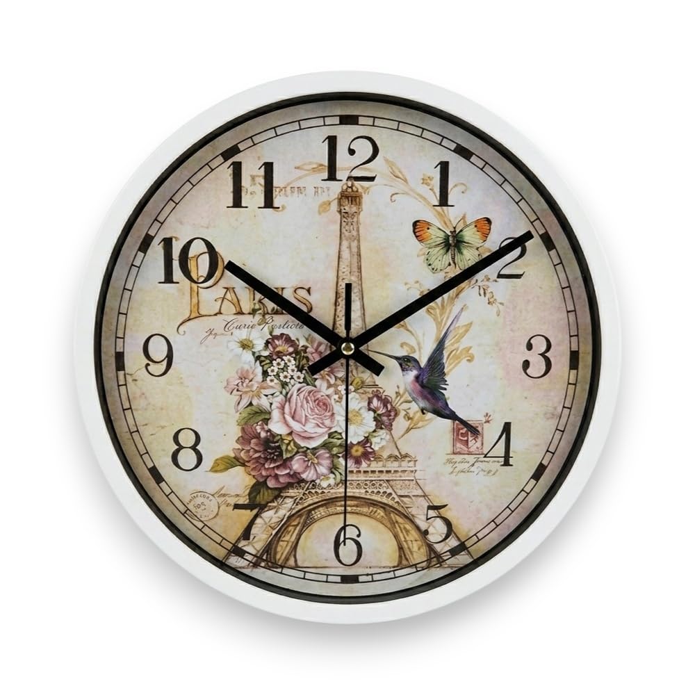 Vintage Paris Eiffel Tower & Floral Wall Clock With White Frame - A1-831