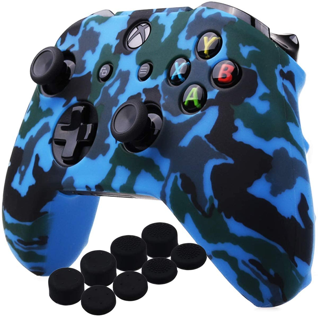 eWINNER Soft Silicone Gamepad Pad Joystick Case Skin Protective Cover & 8 x PRO Thumb Grip Caps Set compatible with Microsoft Xbox One/S/X Wireless Controller Grip Case (Camo Blue)