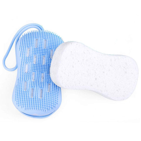 Soft Silicone Bath Scrub Body Brush with Sponge, 2 in 1 Exfoliating Skin Massage Scrubber Face Cleaning Hair Shower Exfoliator Brush with A Repalcement Core for Wet or Dry Women Men Baby(Blue) …