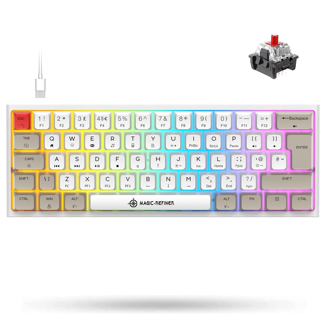 60% Portable Mechanical Gaming Keyboard, 14 Chroma RGB Backlight, Dye-Sublimation Keycap, Type C Wired, Full Anti-ghosting, for PC/Windows/Mac/PS4/XBox (White Grey/Red Switch)