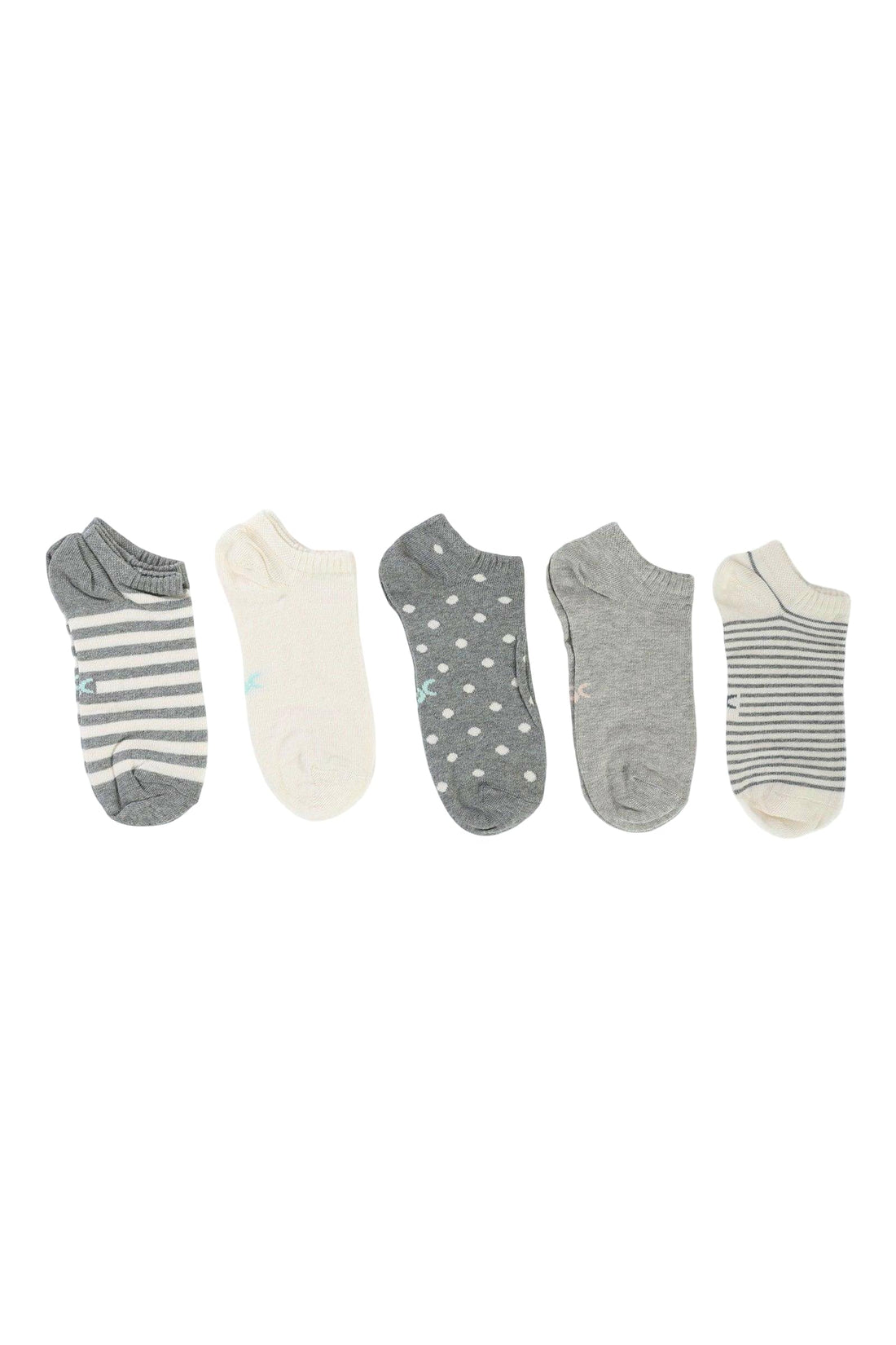 Carina Cotton Patterned Elastic-Trim Ankle Socks for Women - Set of 5 - Grey and White