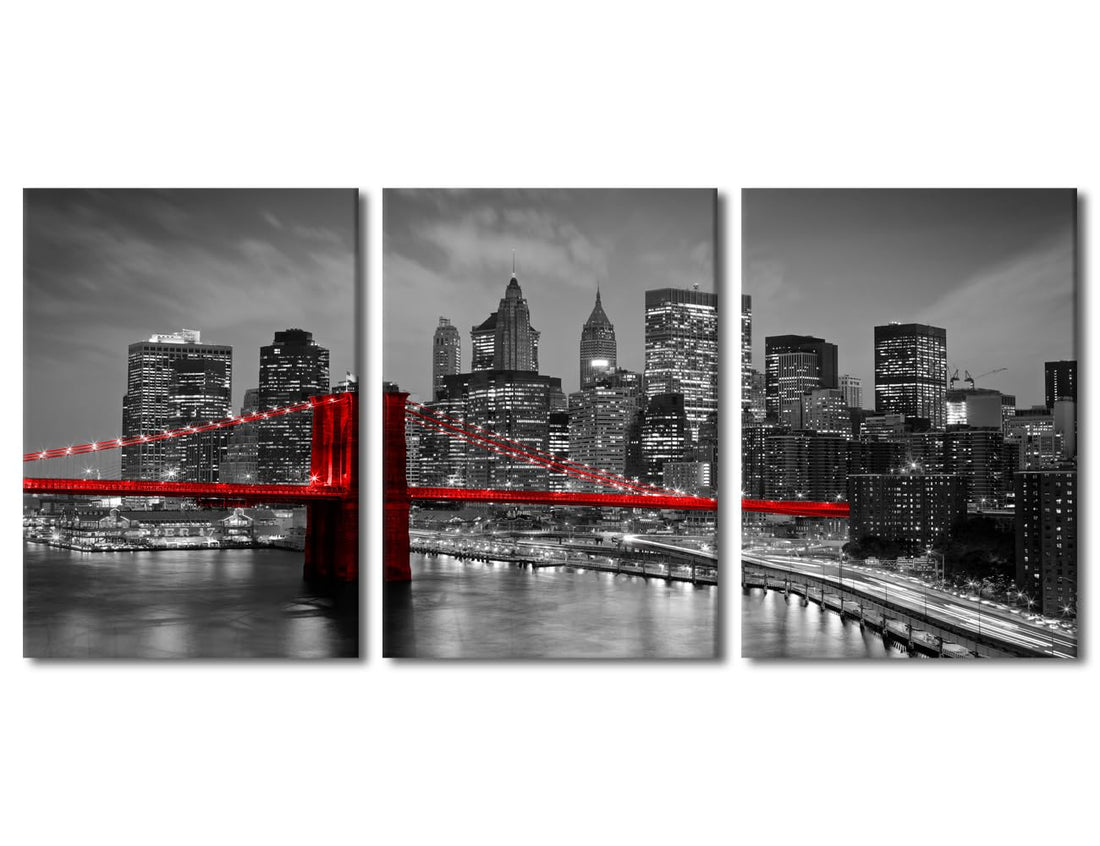 TFIAVSIN New York City Skyline Pictures for Living Room Brooklyn Bridge Night View Paintings American Cityscape Artwork 3 Panel Wall Art Prints on Canvas Giclee Stretched Ready to Hang, 48" Wx24 H