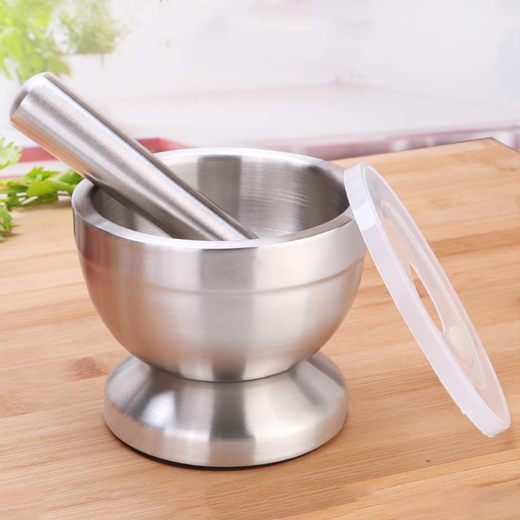 Stainless Steel Mortar and Pestle Set Pill Crusher,Spice Grinder with Anti Slip Base and lid for Garlic,Spices,Guacamole，Herbs，Medicine，Peppercorns, Cacao