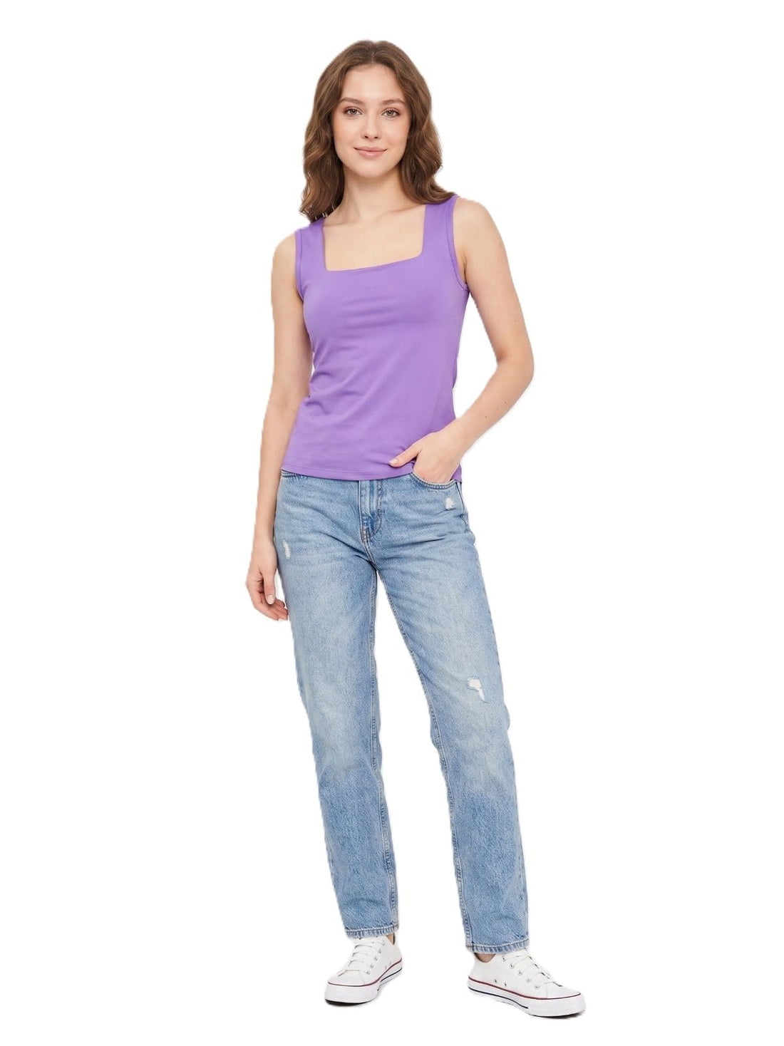Pebeo Women's Tank Top Square Neck, Sleeveless, Cotton Blend Elastane, Multi Color, Slim Fit, Casual