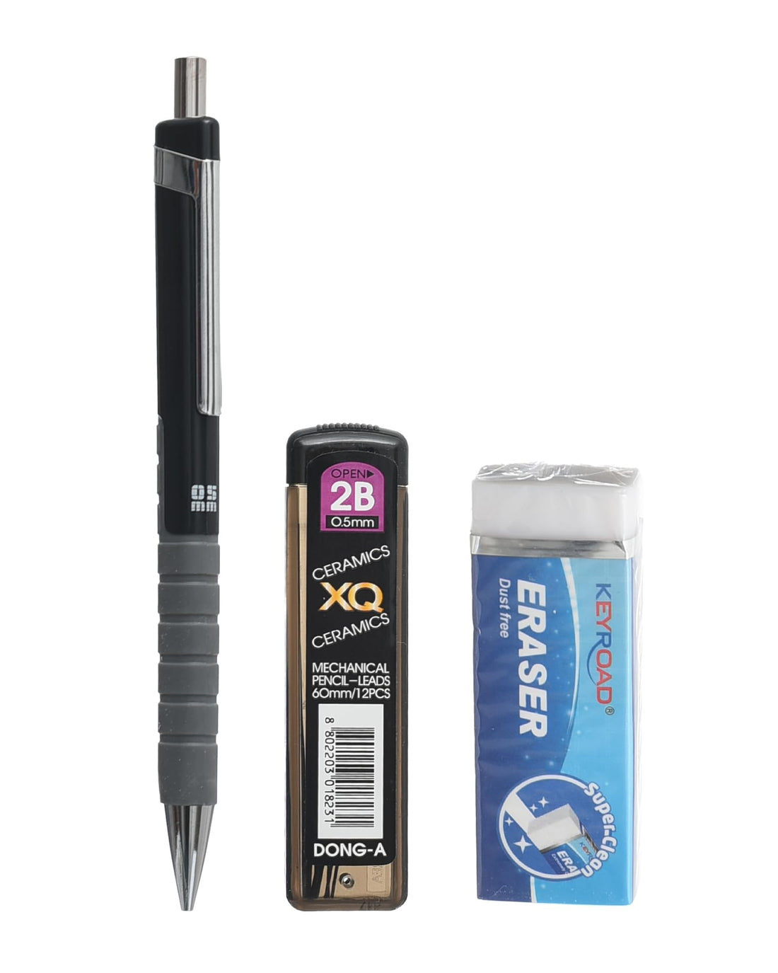 Extra Line Promo Mechanical Pencil Set - Black 0.5mm + Donga 2B Leads + Keyroad Super Clean White Eraser - Black