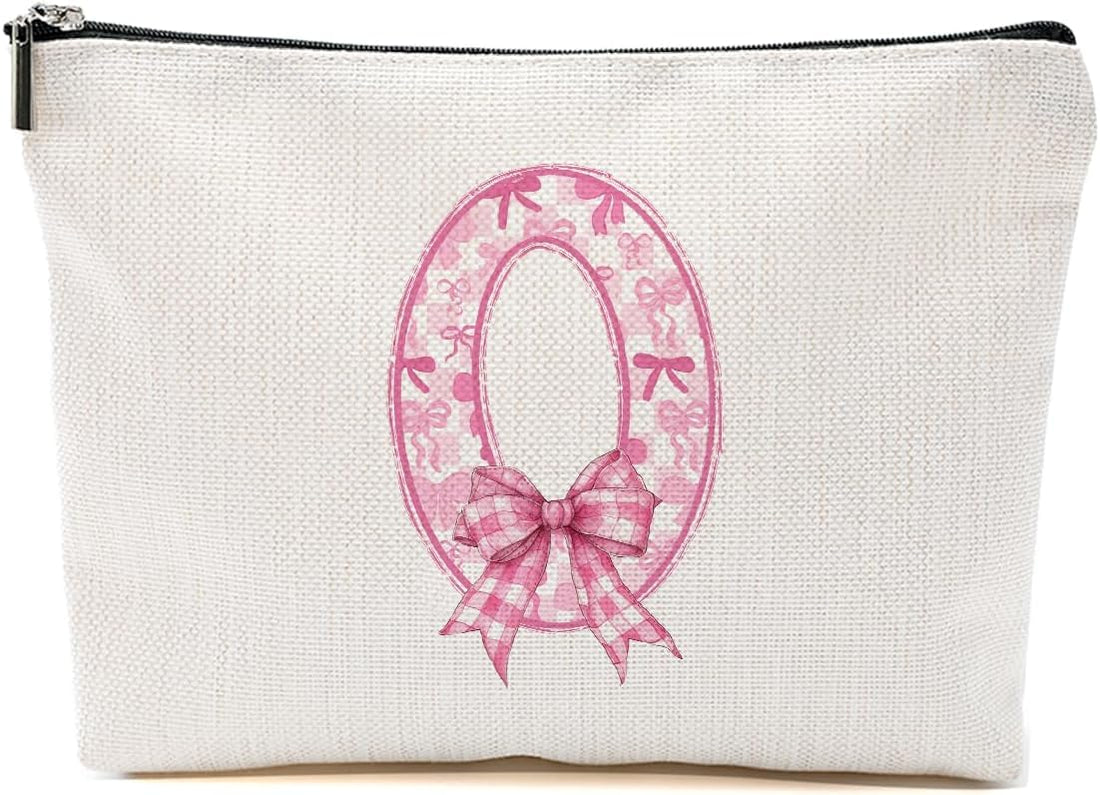 Personalized Initial Letter Makeup Bag, Rose Initial Cosmetic Bag with Zipper Birthday Gifts for Women Girls, Pink bow (O)