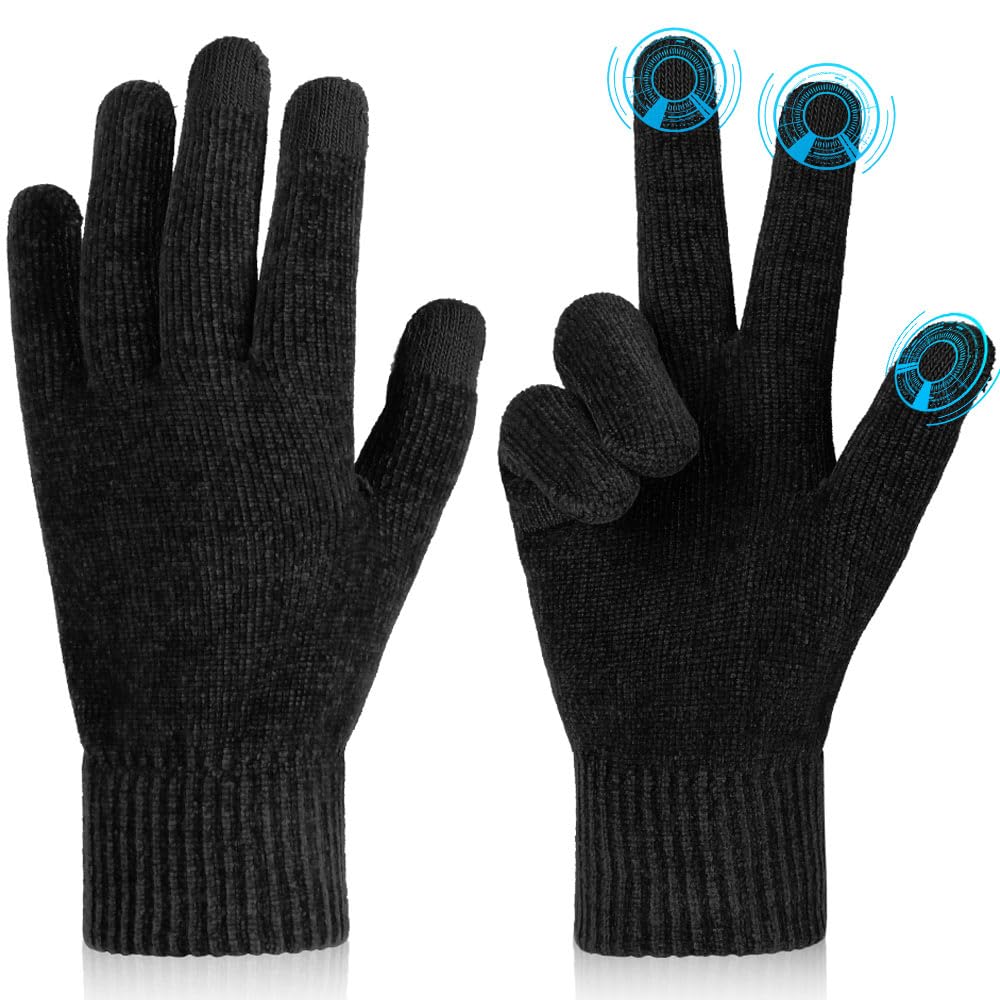 OZERO Winter Thermal Gloves for Men Women Touch screen Warm Knit Gloves, Cold Weather Black Thermal Warm Knitted Gloves for Cycling, Running