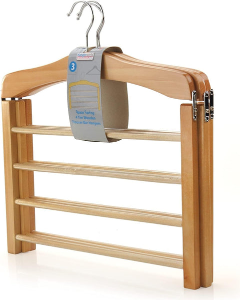 2 Pack of Wooden Trouser Hangers - Multifunctional 4 Tier Clothes Storage Organiser with Non Slip Bars