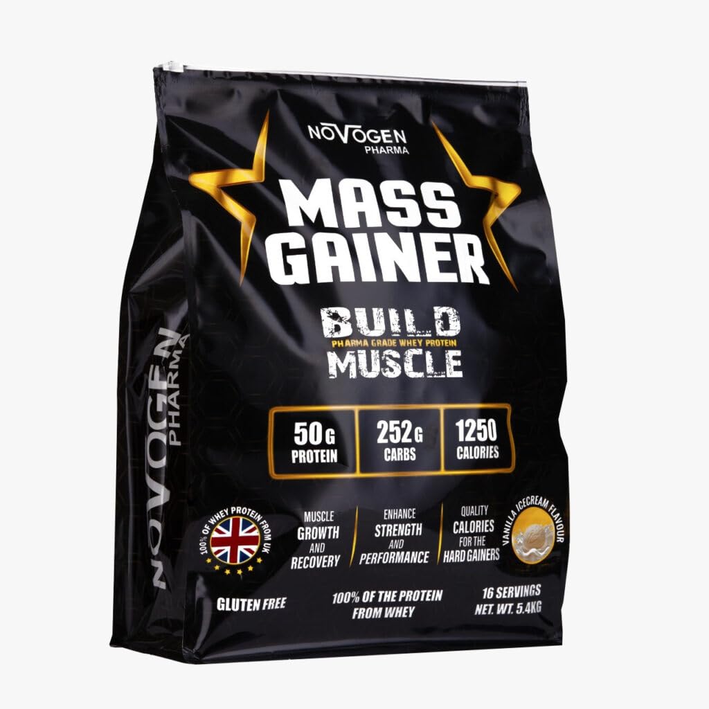 Novogen Mass Gainer Protein Powder, 5.40 kg, 50g Protein, 252g Carbs, Ice Cream Vanilla