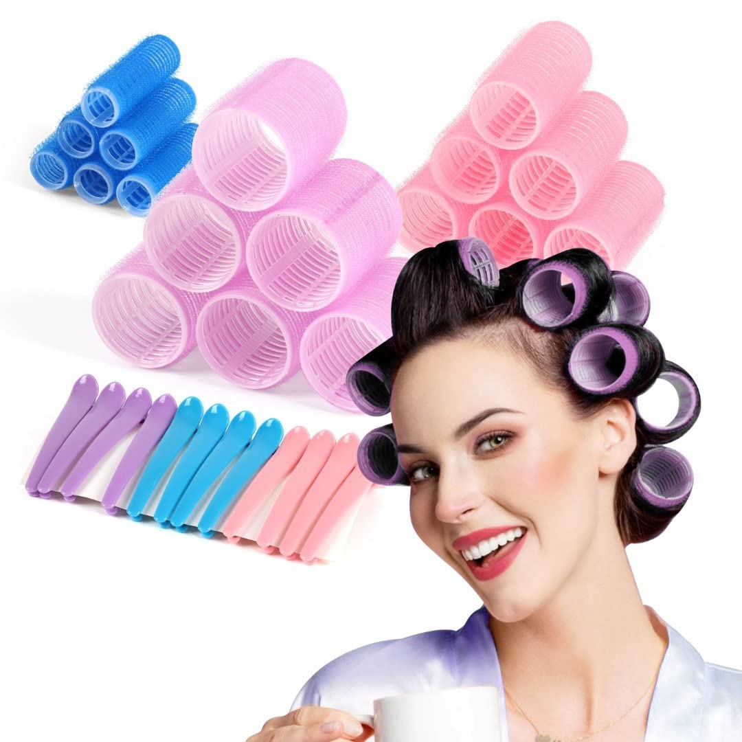 30Pcs Hair Rollers Set (Large,Medium,Small) with 12 Duckbill Clips, DIY Salon Style Hair Dressing Curlers to fulfil your styling needs