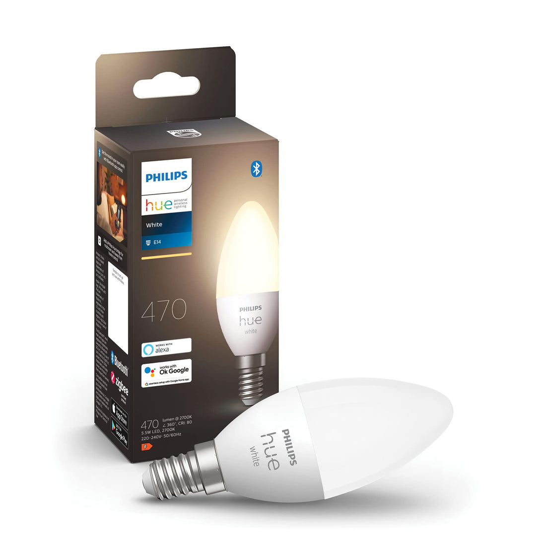 Philips Hue E14 Smart LED Bulb White Bluetooth 40W Compatible with Alexa