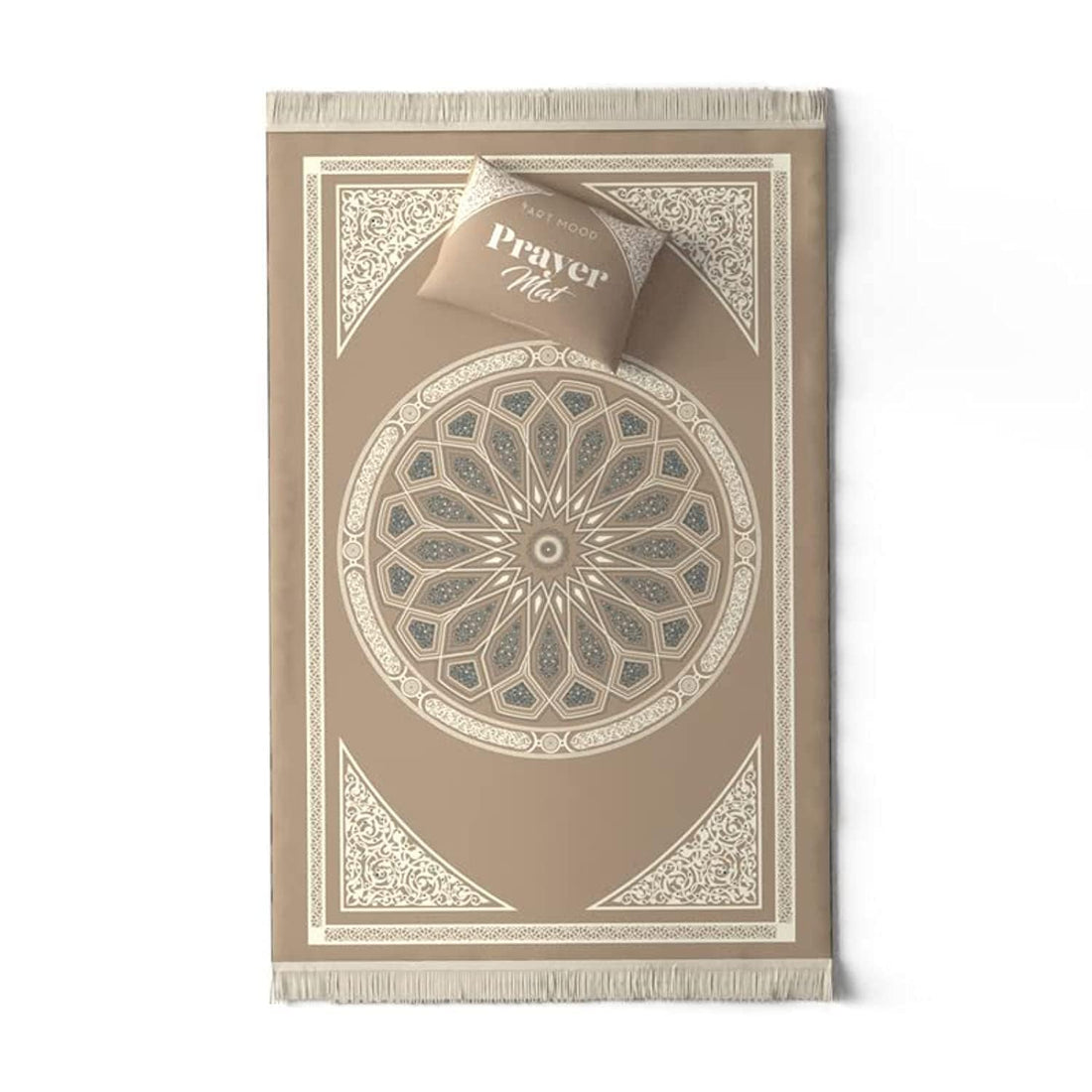 ART MOOD HOME Prayer Mat Al Qubba, Velvet with Elegant Design, Soft Low Pile with Supportive Cushioning, Lightweight and Foldable for Home and Mosque, 117L × 68W cm, Beige