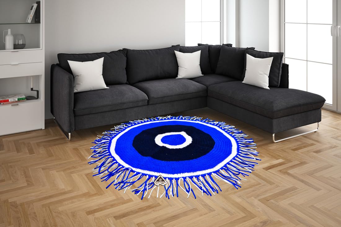 Egypt Antiques Intex Handmade 100% Natural Cotton Round Rug or Rug White X Blue X Black