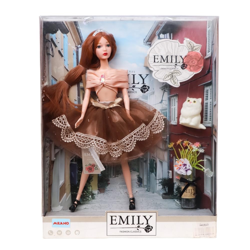 Emily Fashion Doll with Brown Dress & Cat Pet Figure - QJ099A