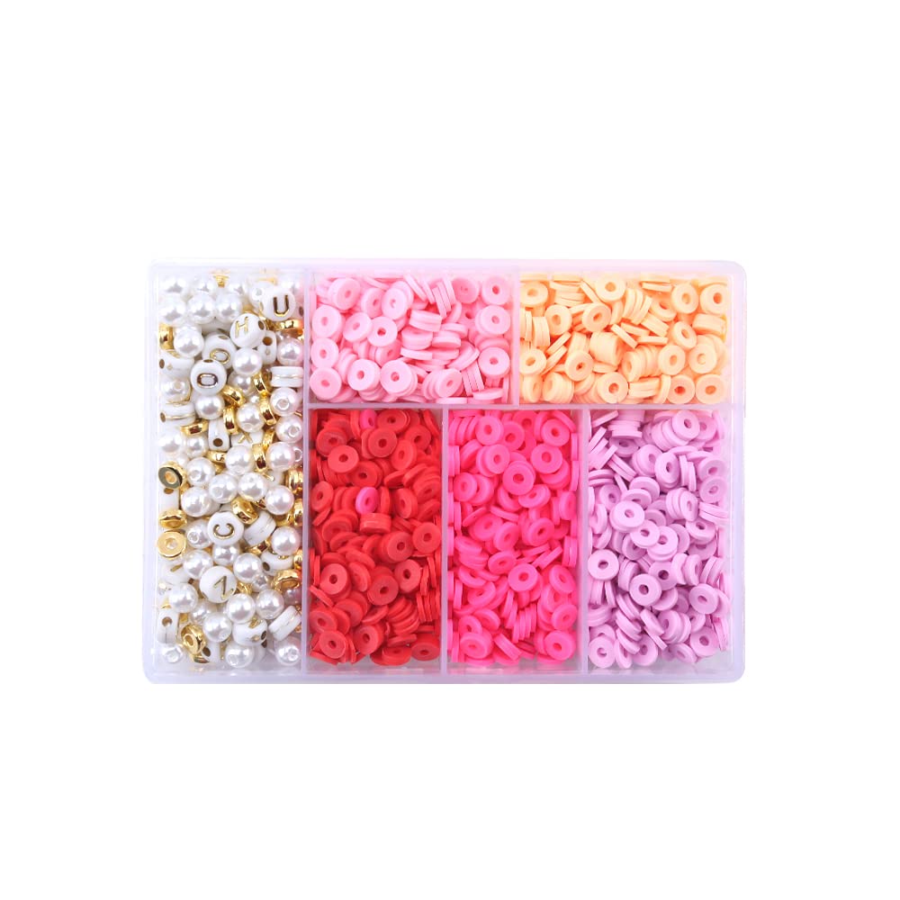 1750 Pcs Clay Beads for Bracelet Making, 6 Grids Colorful Flat Beads Round Polymer Clay Beads Kit Disc Beads with Pearl Charms Bracelet Kit Beads for Jewelry Making (Pink)