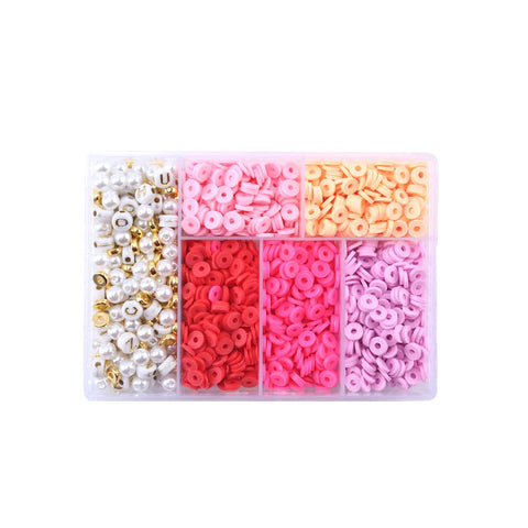 1750 Pcs Clay Beads for Bracelet Making, 6 Grids Colorful Flat Beads Round Polymer Clay Beads Kit Disc Beads with Pearl Charms Bracelet Kit Beads for Jewelry Making (Pink)