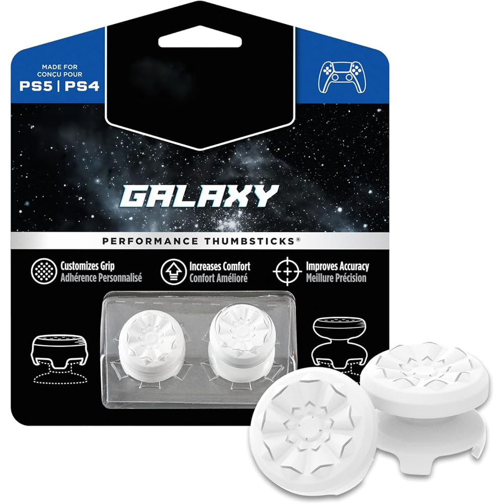 YARDHOBI FPS Freek Galaxy White for PlayStation 4 (PS4) and PlayStation 5 (PS5), Performance Thumbsticks, Controller Joystick Cap Covers, Thumbstick Extender for PS5 (1 High-Rise, 1 Mid-Rise)