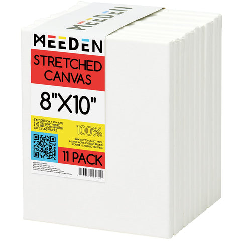 MEEDEN Stretched Canvas, 8 × 10 Inch, Pack of 11, Blank White Canvases for Painting, 100% Cotton, 8 oz Gesso-Primed, Pre-Stretched Canvas for Acrylic Pouring Airbrushing & Oil Painting