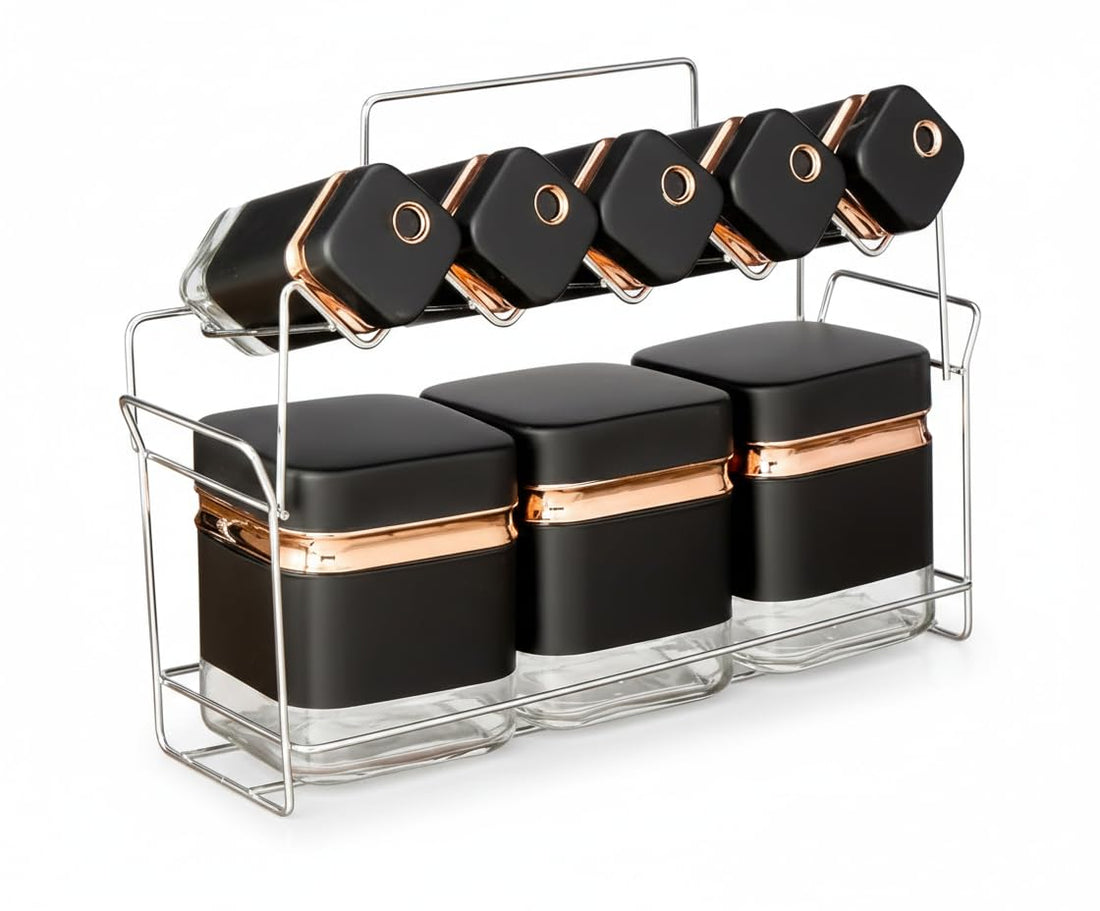Home Care QQ-483 8-Piece Porcelain Spice Set with Silver Stand Luxe Kitchen Storage, Pack of 1 - White Porcelain/Silver