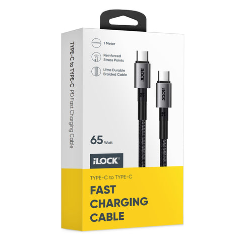 iLOCK USB-C to Type-C Charging Cable | 1 Meter | Ultra Durable Braided Cable | 65 Watt Fast Charging (Type C to Type C)