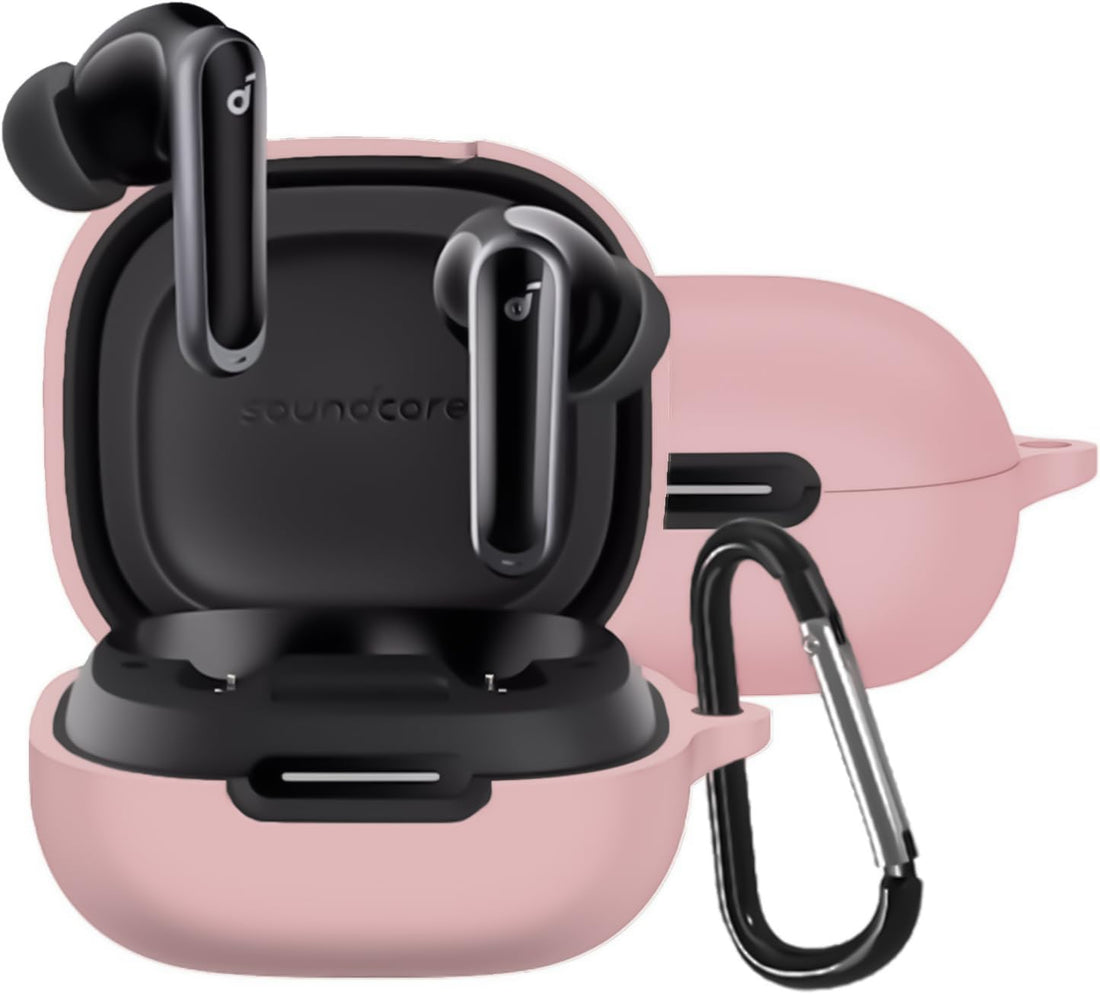 Dl3 Mobilak Compatible with Anker Soundcore P40i Case Cover, Soft Silicone Shockproof Protective Skin Case for Soundcore P40i Wireless Earbuds with Carabiner, Front LED Visible (Pink)