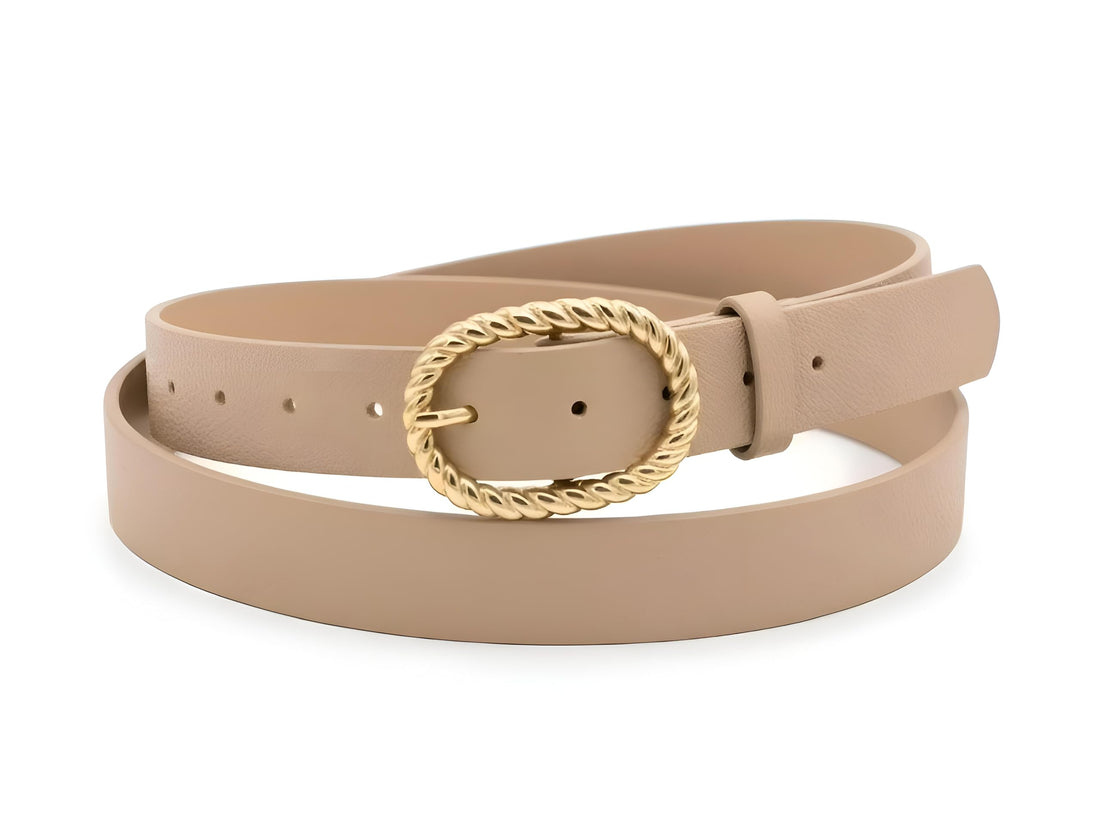 Leather Belt - Women's white casual accessory featuring a gold oval twisted rope buckle for elegant everyday fashion styling and durable comfort fit