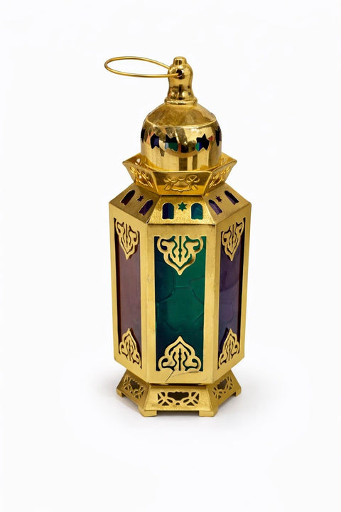 Decorative Moroccan Lantern, Gold Hexagonal Metal with Coloured Glass Panels, Arabian Style Candle Holder