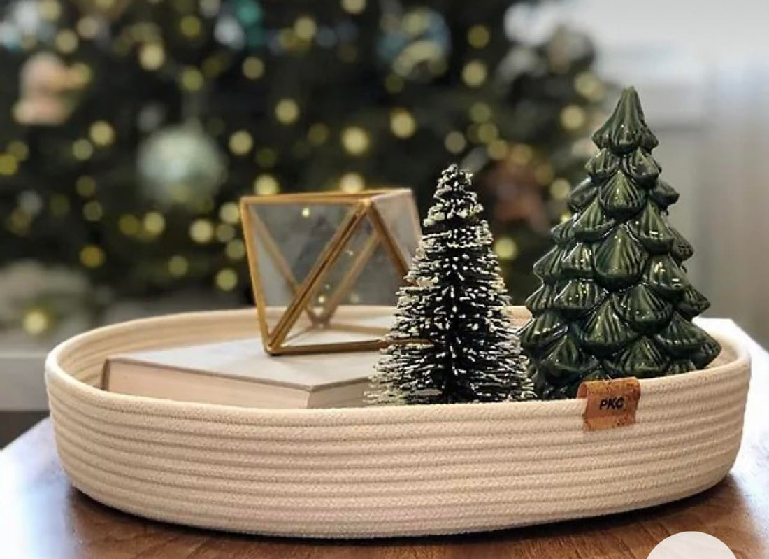 Woven It -Christmas White Cotton Organizer Tray, 24cm x 5cm can be used in Kitchen, toilet, living room, dining room, kids room, bed room, indoor & outdoor.