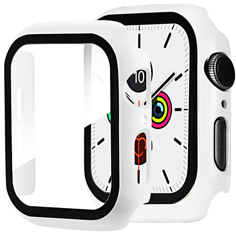 Miimall Compatible with Apple Watch Series 6/SE/5/4 44 mm PC Protective Case with Glass Screen Protector, Ultra Thin Full Protection Scratch-Resistant Case for Apple Watch 44 mm - White