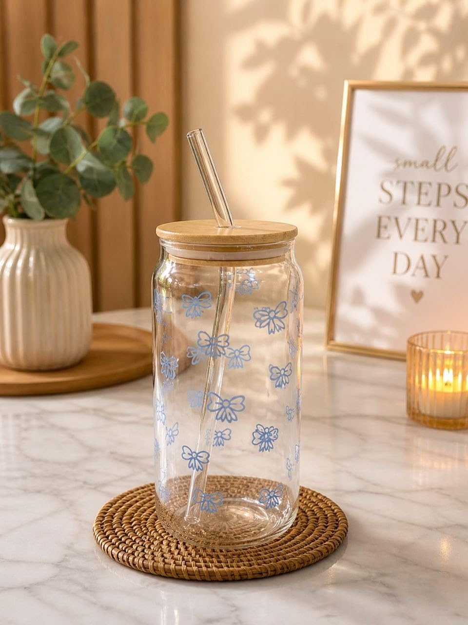 Glass Iced Coffee Mug with Lid and Glass Straw, Blue Bow Print, for Cold Drinks and Juices, .Ais