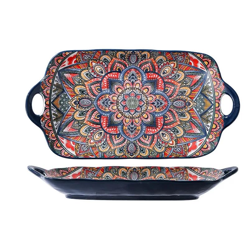Next Store Rectangular Deep Porcelain Serving Serving Serving Tray Bohemian Style Oven Tray with 2 Handles, Large Decorative Dinner Plate for Salads, Grills, Pasta.