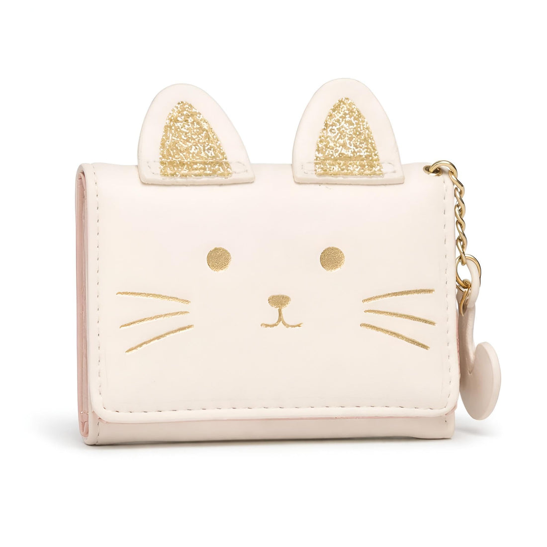 Cute Cat Card Case - Small black tri-fold wallet with 3D cat illustration and tail pendant, includes cash storage and multiple card holders (CREAM)