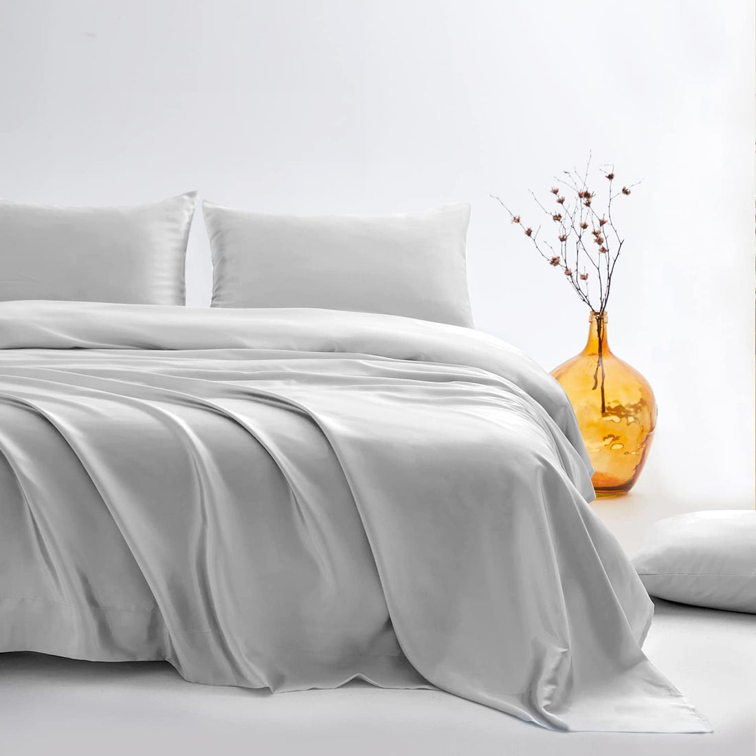 sheful مجموعة ملاءات السرير, Satin Bed Sheets, King Size Sheets Set, 4Pcs Silky Bedding Set, Hotel Luxury Silky Bed Sheets for Mattress - Deep Pocket Fitted Sheet, Flat Sheet, Pillowcase- Silver Grey