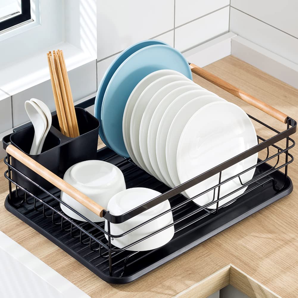 MOTYYA Kitchen Dish Drying Rack, Dish Drainer Rack with Drainboard and Utensil Holder, Dishes Organiser Shelf for Kitchen Counter, Black