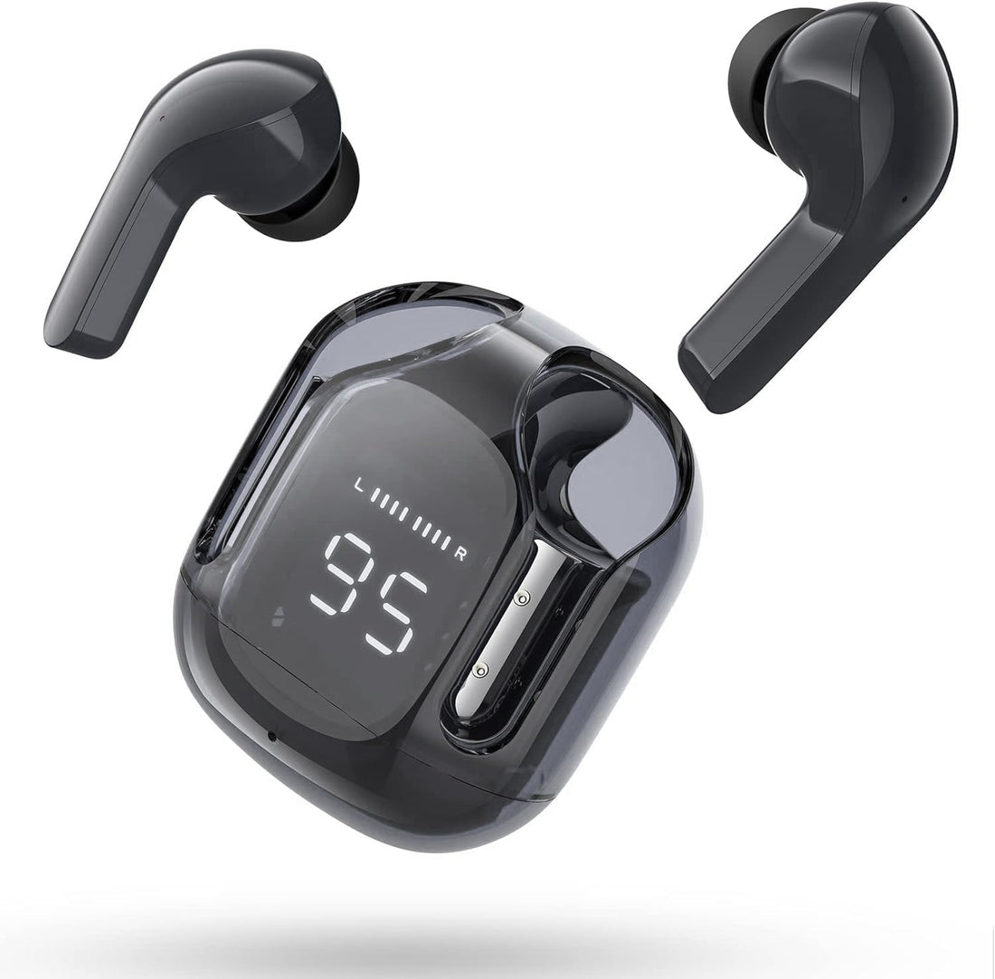 Wireless Earbuds, Bluetooth Headphones with ENC Noise Canceling Translucent Earphones, HiFi Dual Stereo Microphone Mini in-Ear Earbuds with Charging Case and LED Digital Display, Black