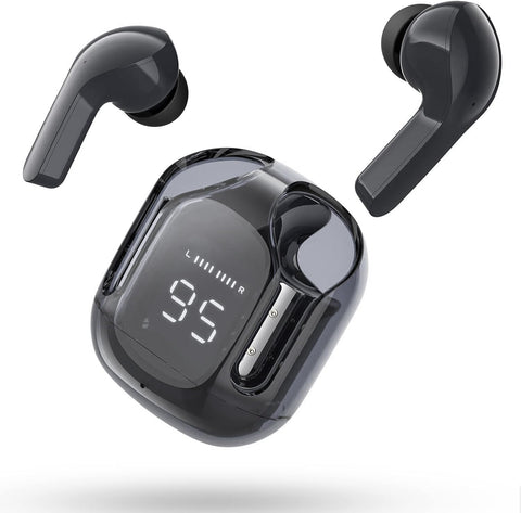Wireless Earbuds, Bluetooth Headphones with ENC Noise Canceling Translucent Earphones, HiFi Dual Stereo Microphone Mini in-Ear Earbuds with Charging Case and LED Digital Display, Black