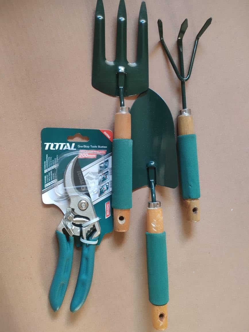Garden Tool Set, 4 Pieces, Wooden Handle with Green Cover, Includes Trowel, Pitchfork, Pruning Shears 200mm