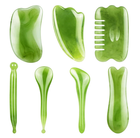 fashion mania 7Pcs Green Gua Sha Massage Tool Set Natural Resin Facial and Body Scraping Tools for Pain Relief & Muscle Relaxation - Ideal for Face Back Neck