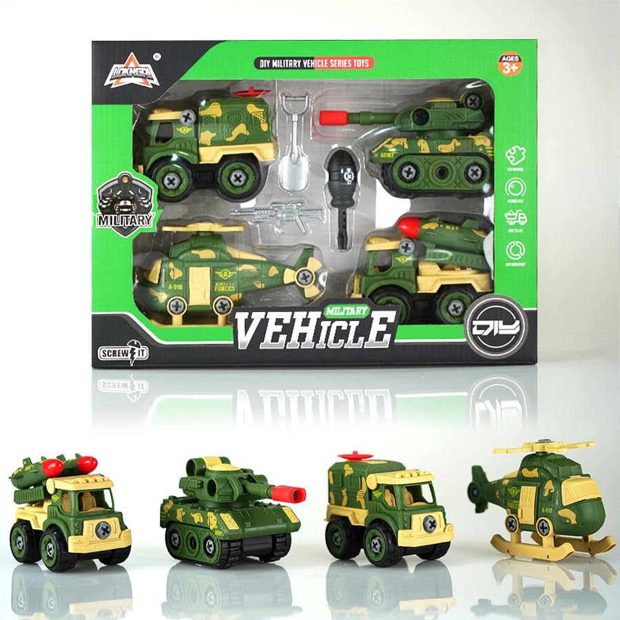 DIY Military Vehicle Series Toys, 4-Piece Set with Tank, Helicopter, Trucks, Ages 3+, Green Camouflage