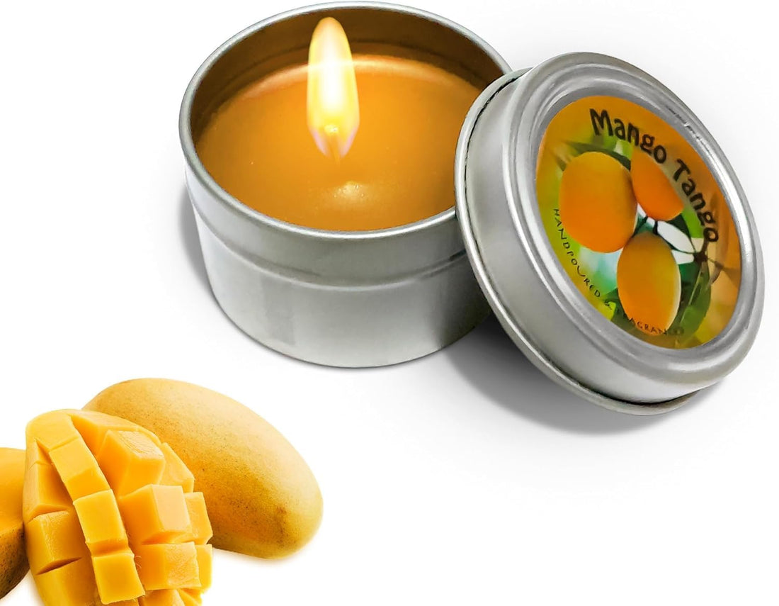 Scented Candle – Soy Wax Aromatherapy Tin with Lid, Long Lasting Home Fragrance for Bedroom, Bath, Spa, Yoga, Travel Gift for Women (Mango Tango)