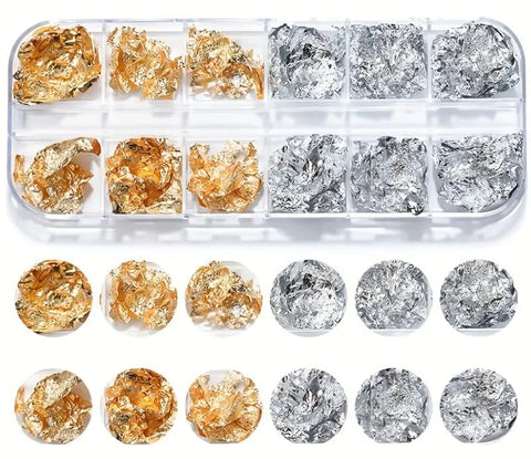 Foil Nail Art Set, 1 box Nail Accessories for Foil Transfer, Nail Paillette for Decoration, Flake and Mirror Effect | Gold and Silver
