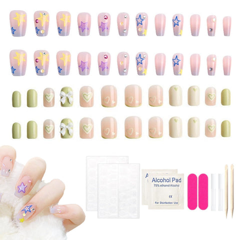 48PCS Kids Press on Nails Children Girls Press on Short Artificial Fake Nails No fading Stable Quick Stick, 2 Tool Kit, Press on Fake Nails Sets for Childrens Girls